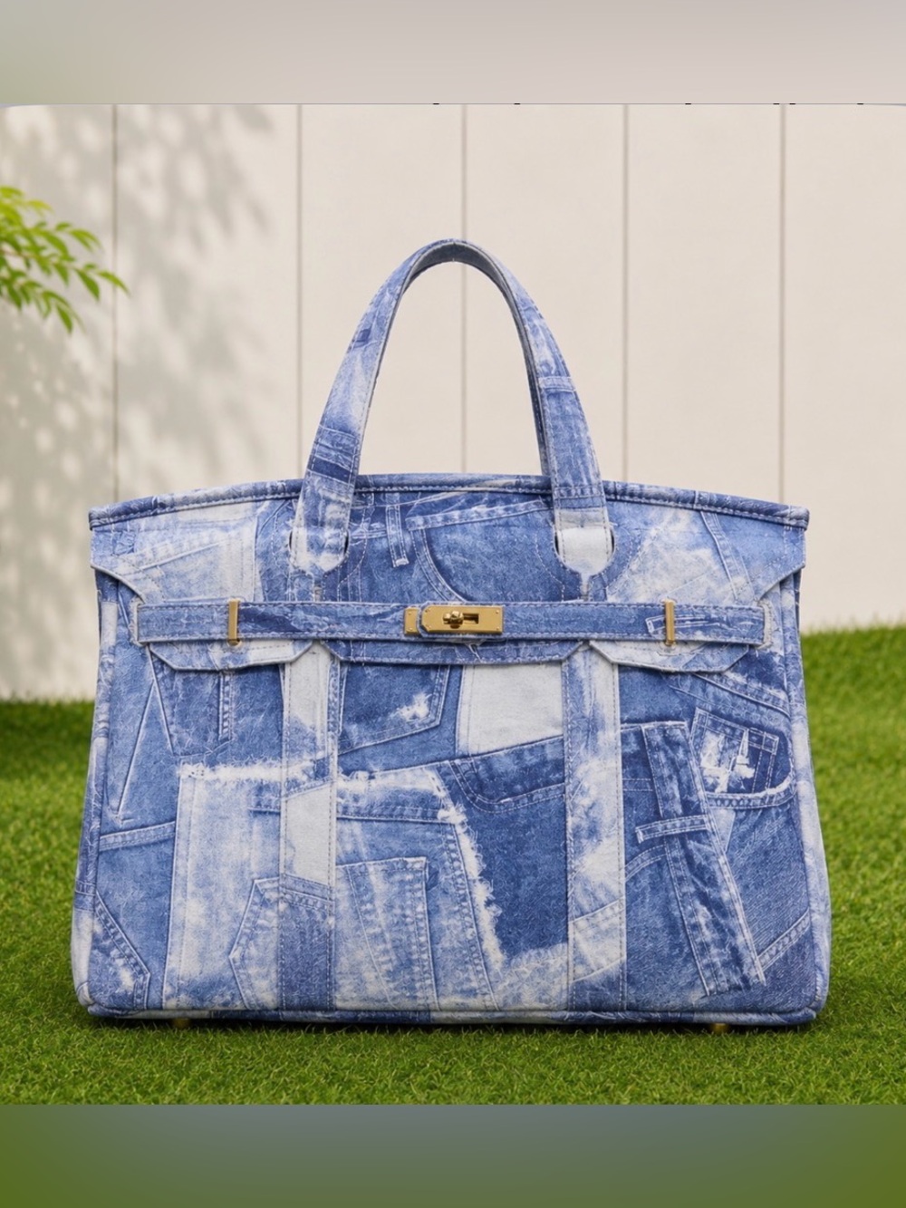 Blue Denim Print Canvas Tote Bag